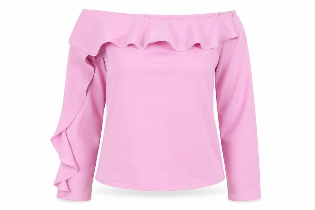 Front view of RAVI FAMOUSE women’s pink colourblock basic blouse, size UK 8