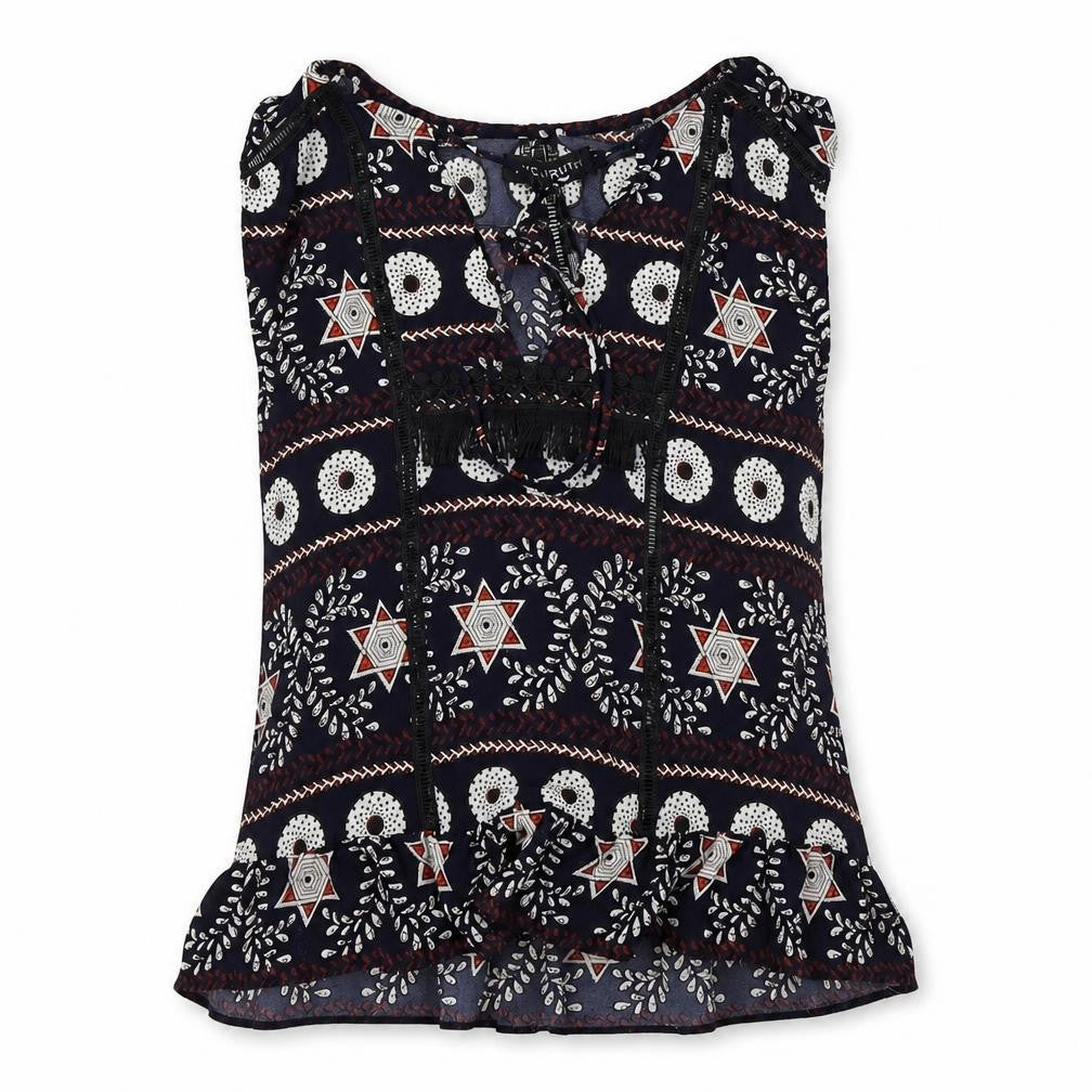 Front view of MISSTRUTH women’s blue geometric basic blouse, size UK 8