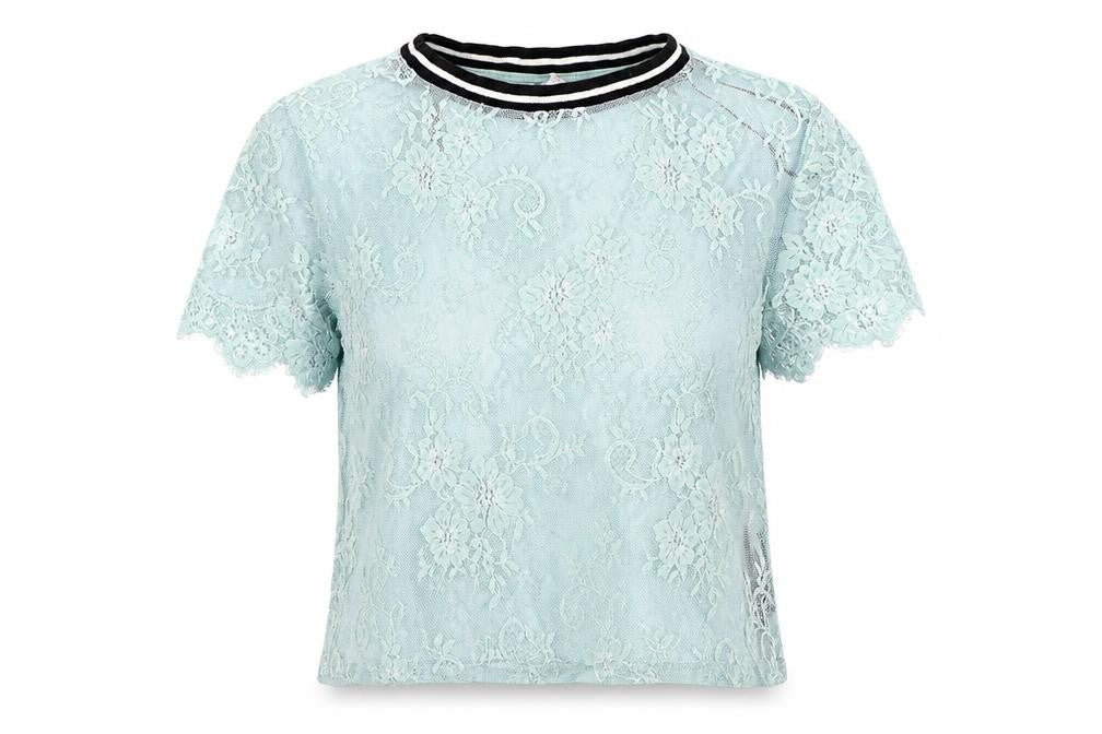 Front view of H&M women’s blue floral lace basic t-shirt, size S, - transparent