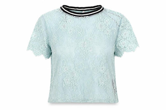 Front view of H&M women’s blue floral lace basic t-shirt, size S, - transparent