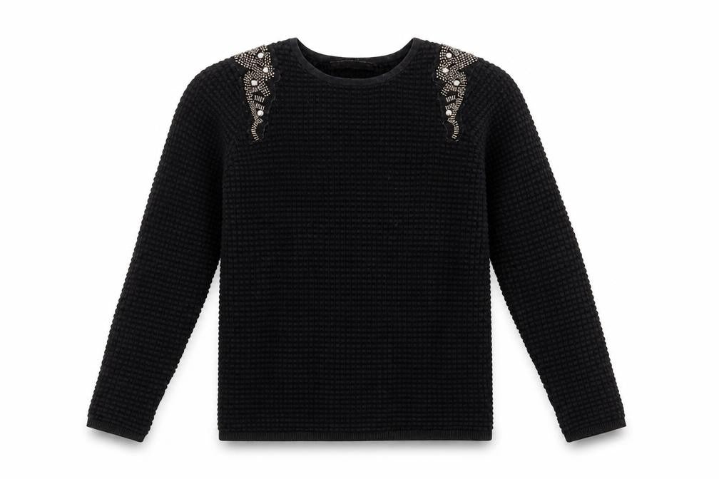 Front view of Sfera women’s black geometric jumper, size M, - beaded