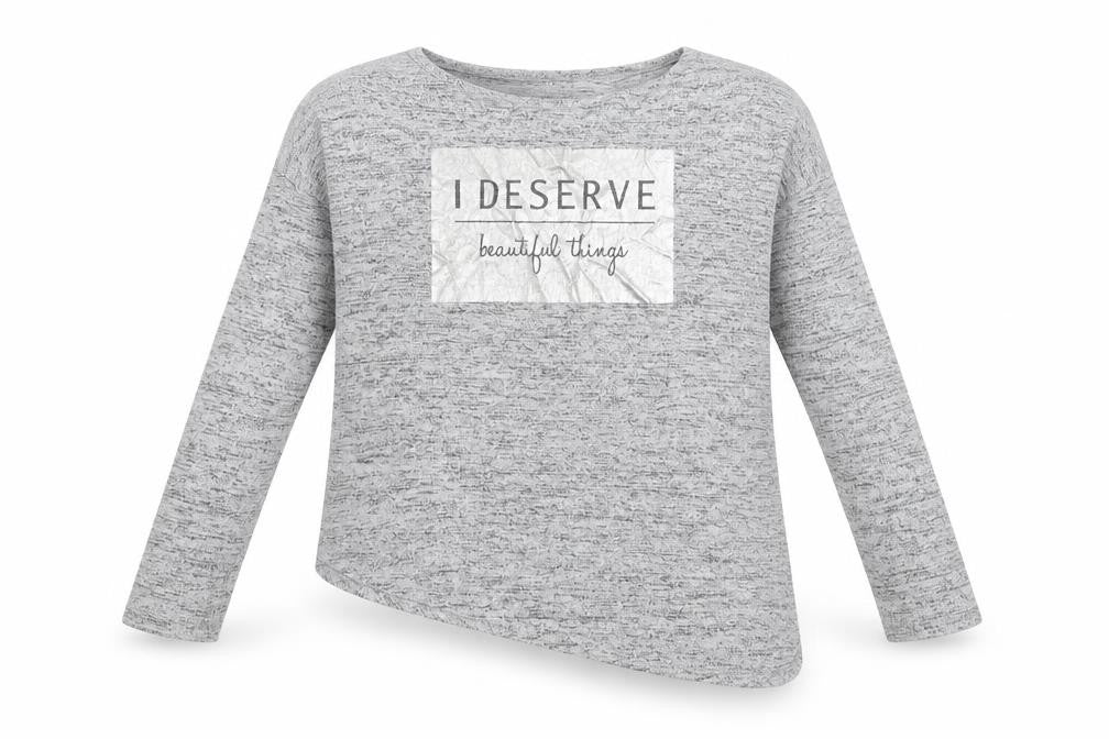 Front view of Young Dimension girls’ grey knit jumper, size 10-11, years - i deserve beautiful things