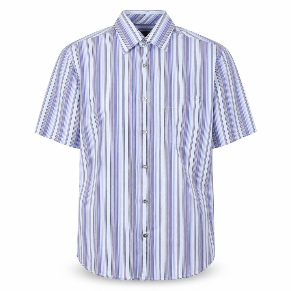 Front view of Next men’s blue striped button-up, size M