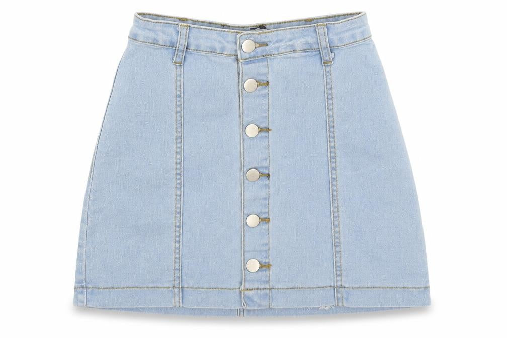 Front view of PRETTYLITTLETHING women’s blue mini skirt, size UK 4