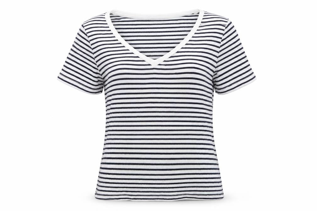 Front view of F&F women’s white striped basic t-shirt, size UK 8