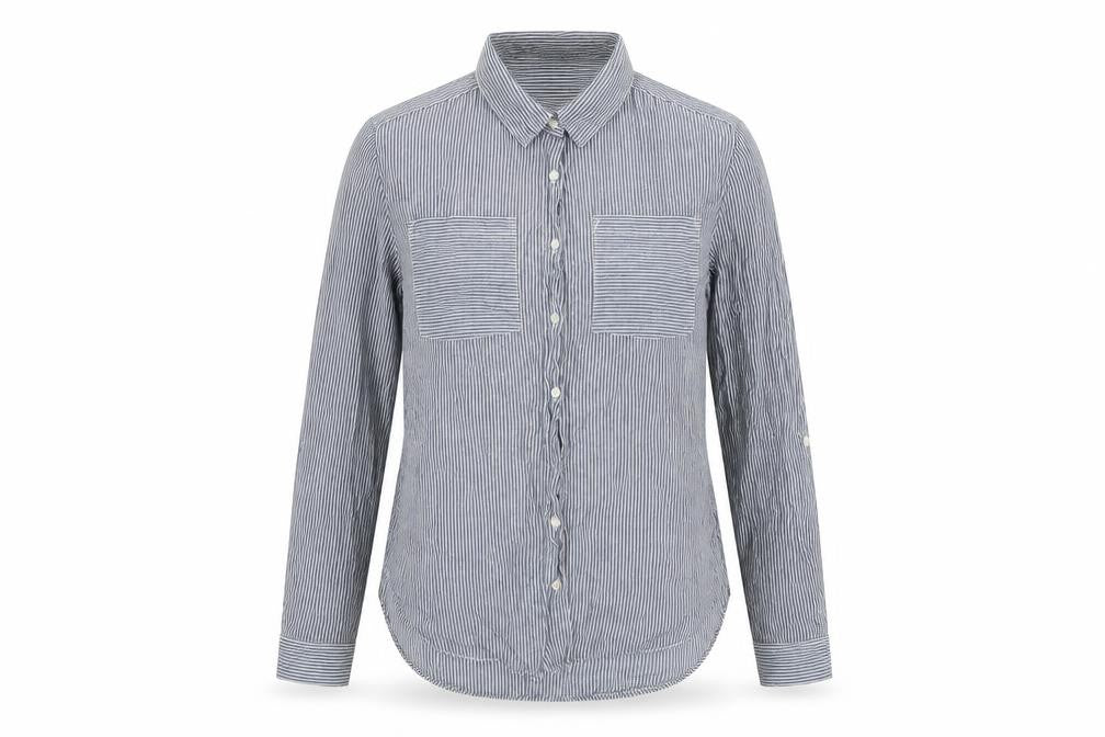 Front view of Atmosphere women’s blue striped basic button-up, size UK 10