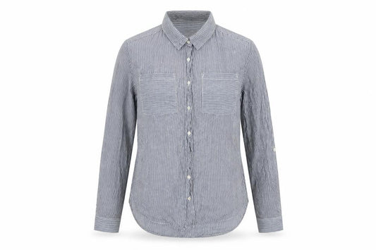 Front view of Atmosphere women’s blue striped basic button-up, size UK 10