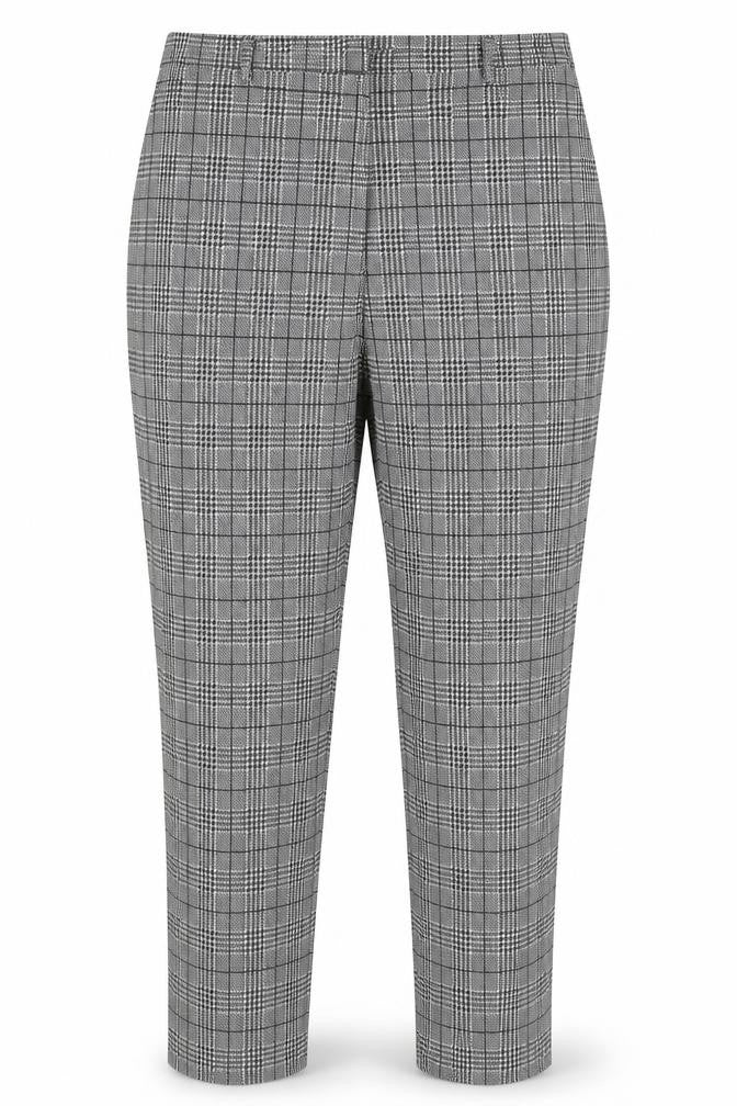 Front view of Preworn women’s grey check trousers, size XL, 25-inch leg