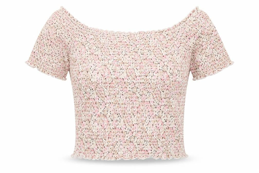 Front view of H&M women’s pink floral basic blouse, size M