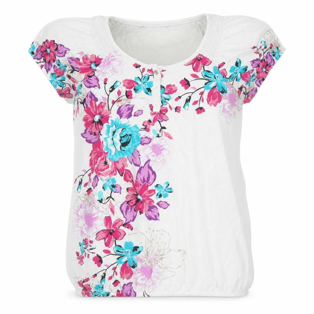 Front view of Preworn women’s white floral basic blouse, size UK 12