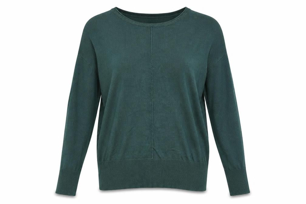 Front view of Primark women’s green knit pullover sweatshirt, size UK 6
