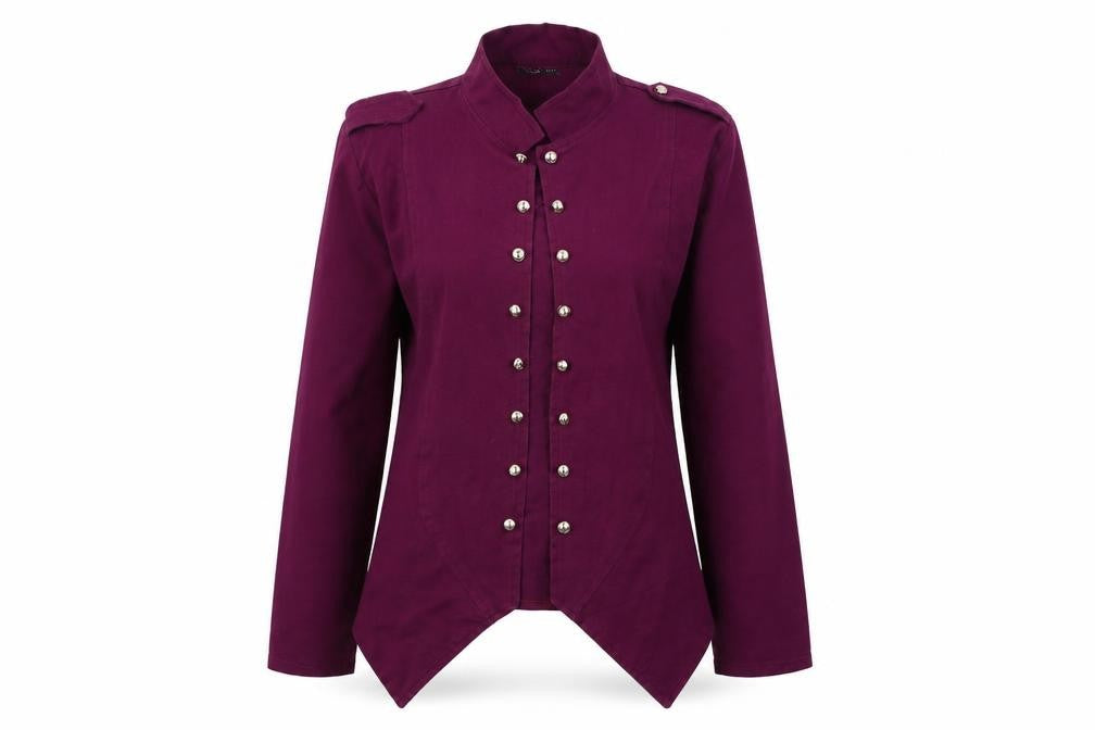 Front view of La Fille women’s purple jacket coat, size UK 8