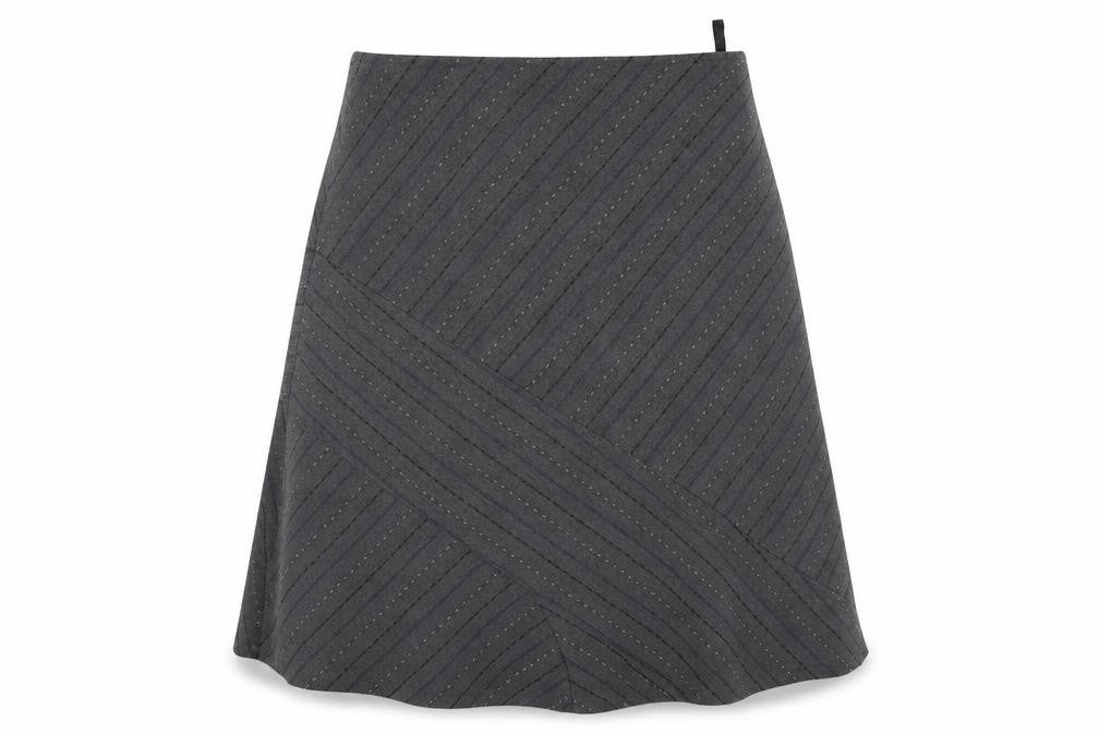 Front view of Klass women’s grey striped a-line skirt, size UK 16