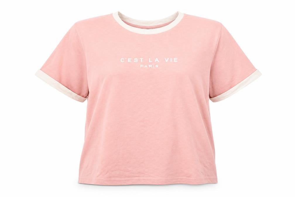Front view of SHEIN women’s pink basic t-shirt, size L