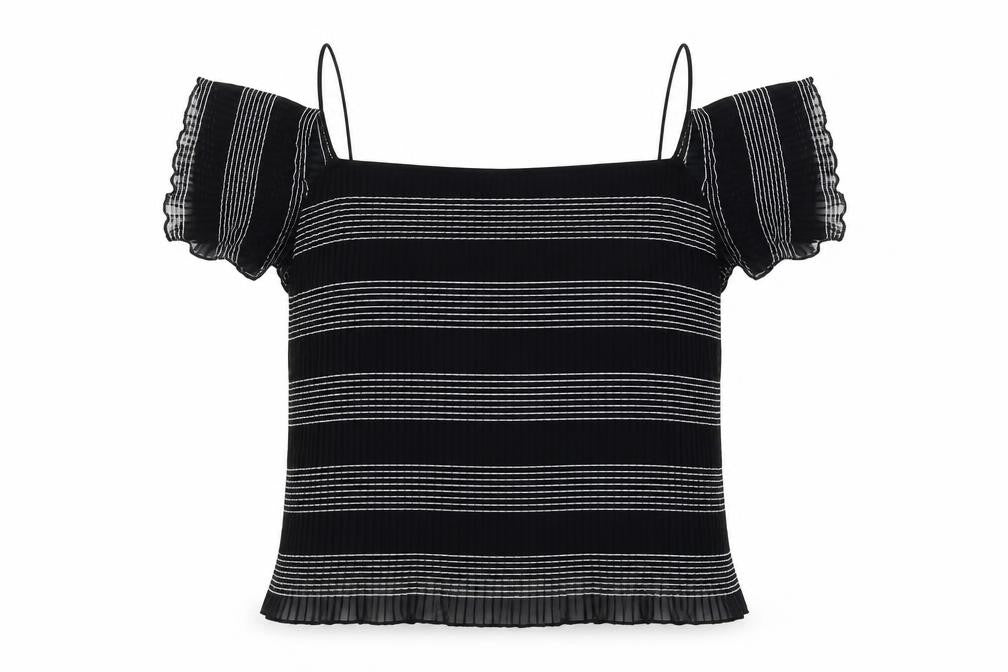 Front view of Topshop women’s black striped basic blouse, size UK 14