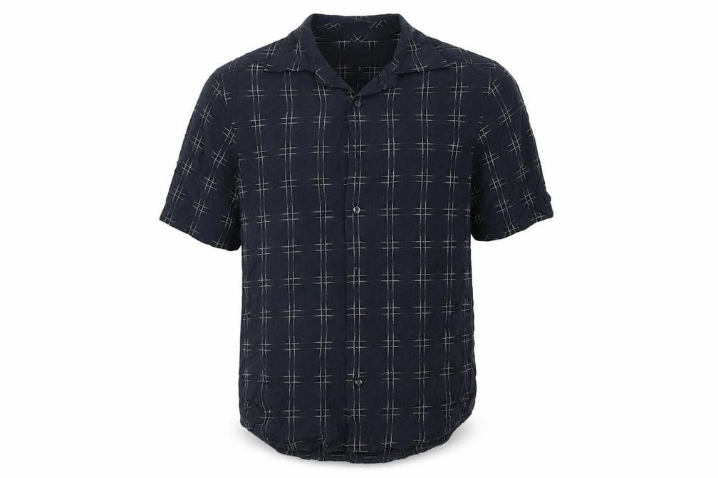 Front view of Next men’s black check button-up, size S