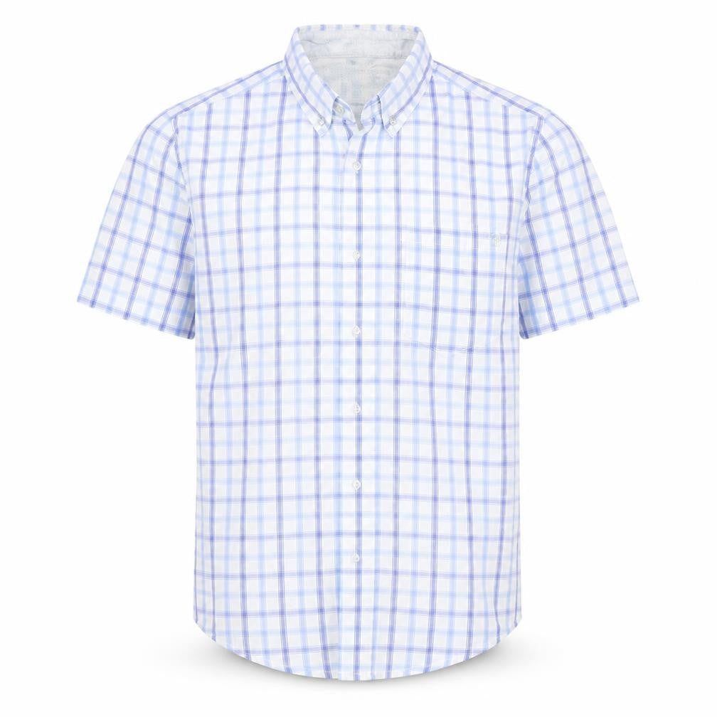 Front view of DC men’s white check button-up, size S