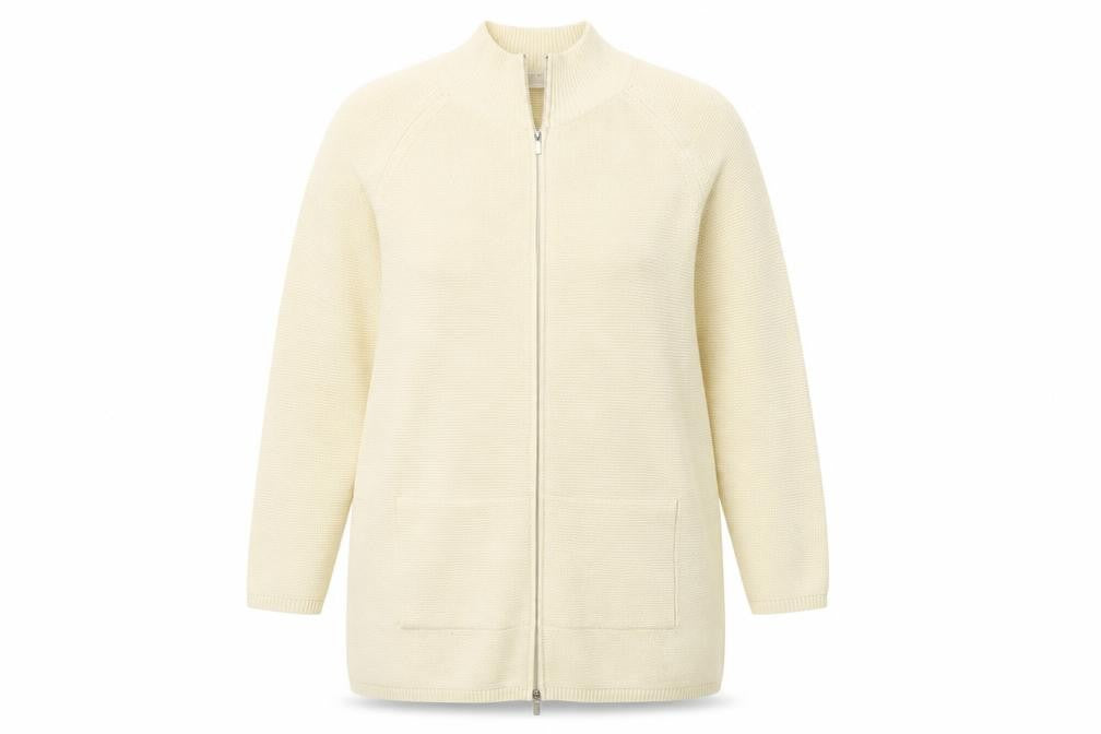 Front view of Spirito women’s yellow full zip jumper, size UK 16
