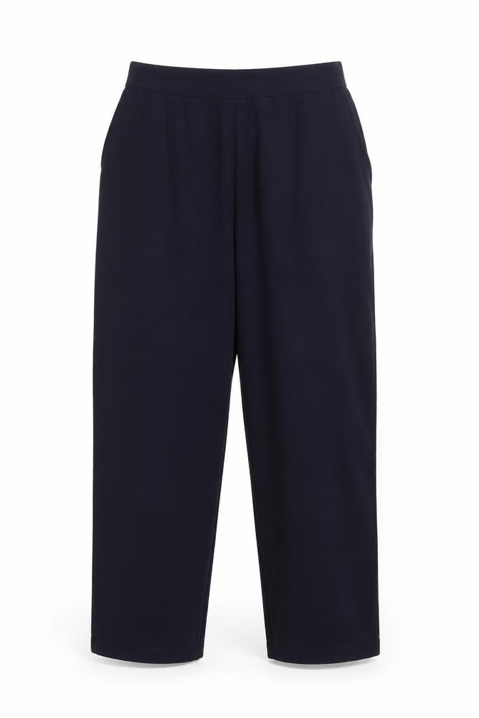 Front view of Preworn women’s blue trousers, size UK 12, 24-inch leg