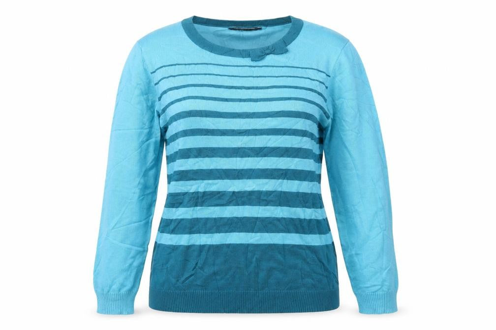 Front view of Bonmarché women’s blue striped jumper, size S