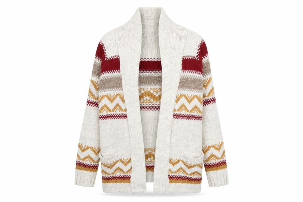 Front view of Damart women’s ivory striped jacket, size UK 14