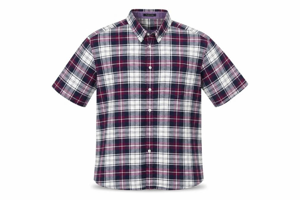 Front view of oxford weave men’s purple plaid button-up, size 44