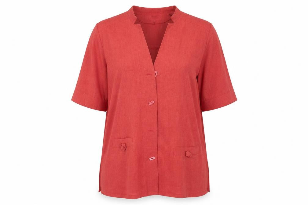 Front view of CHALOU women’s red cardigan jumper, size UK 16