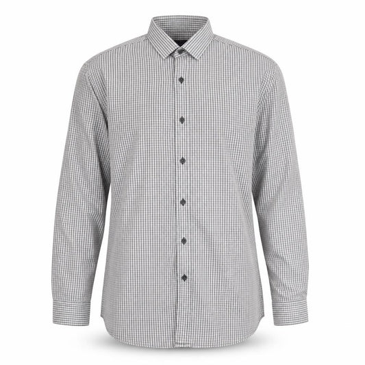 Front view of Taylor & Cutter men’s blue check button-up, size 15