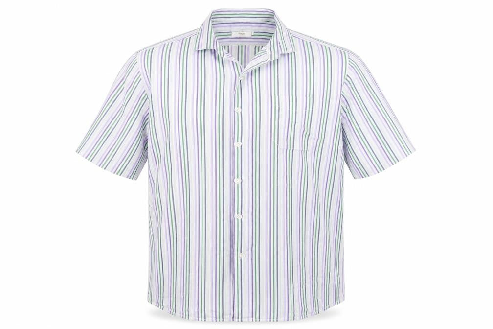 Front view of Cotton Traders men’s white striped button-up, size L