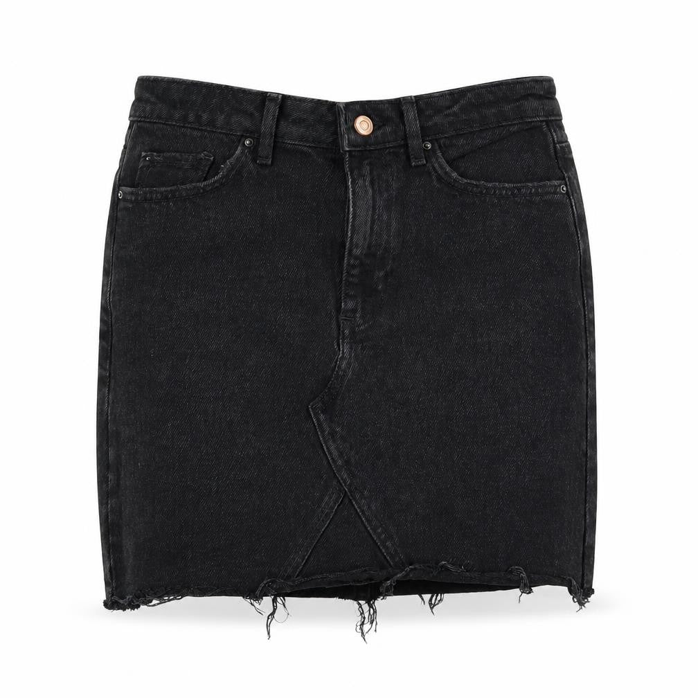 Front view of New Look women’s black denim mini skirt, size UK 8