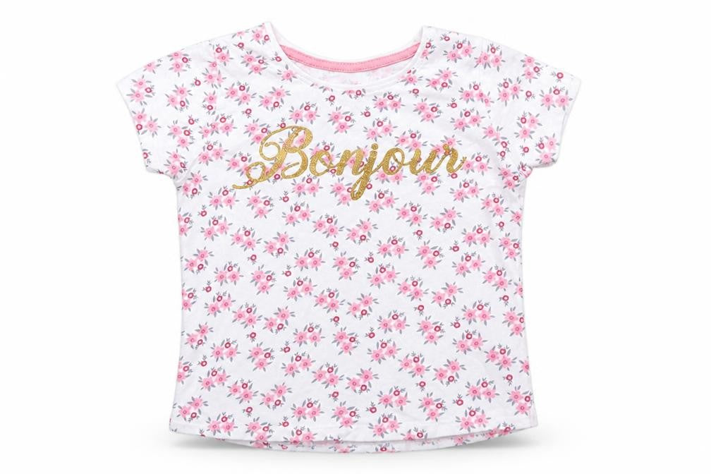 Front view of Primark girls’ white floral basic t-shirt, size 3-4, years