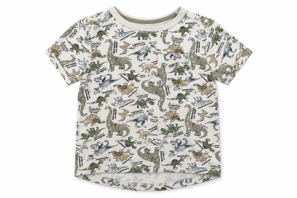 Front view of Nutmeg Baby Multicoloured Geometric Jersey Basic T-Shirt, size 12-18, Months - Dinosaur