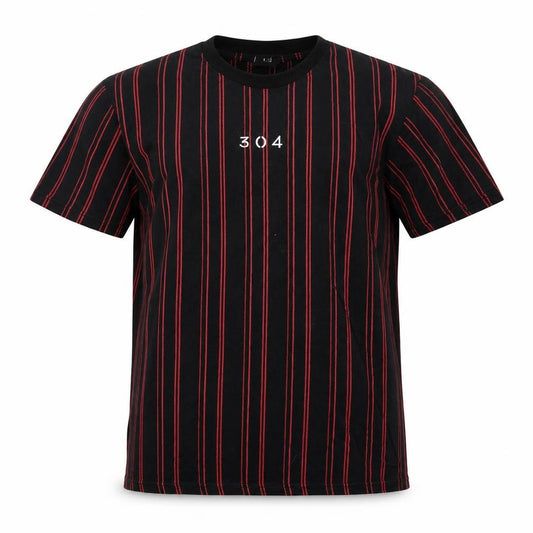 Front view of 304 men’s black striped t-shirt, size M