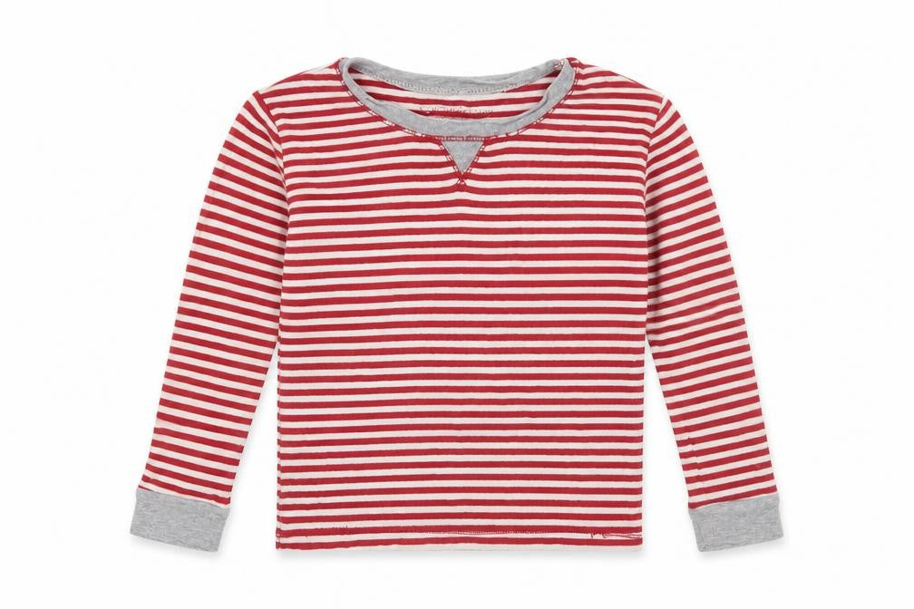 Front view of Burt's Bees Kids boys’ red striped basic t-shirt, size 4, years