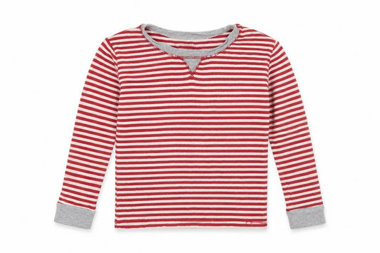 Front view of Burt's Bees Kids boys’ red striped basic t-shirt, size 4, years