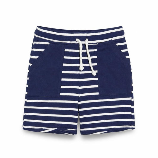 Front view of So Cute girls’ blue striped utility shorts, size 2-3, years