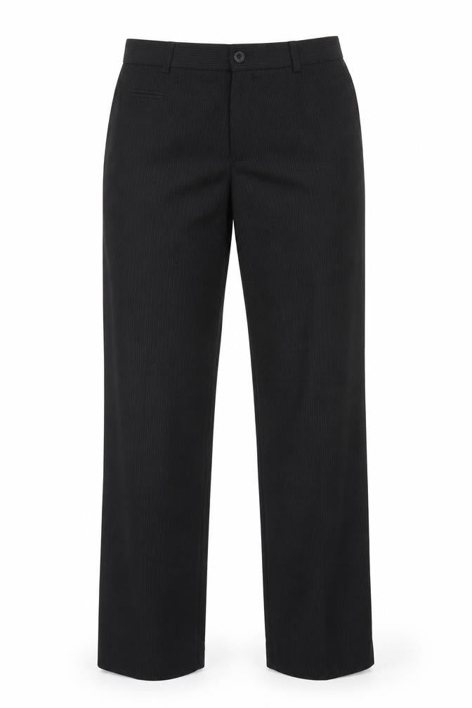 Front view of Next women’s black striped trousers, size UK 30, in, 28-inch leg
