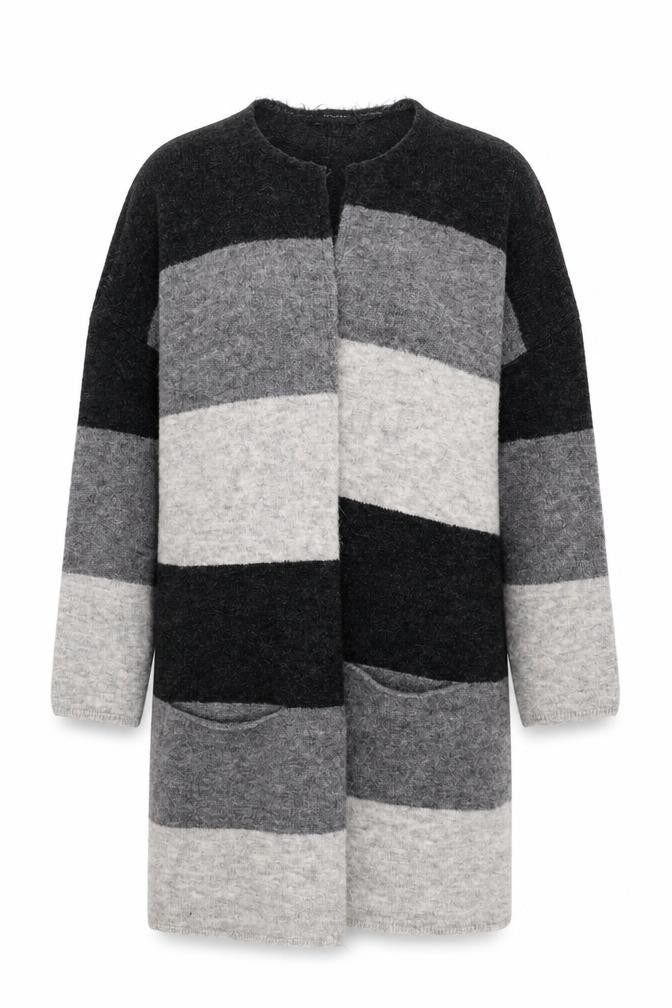 Front view of Atmosphere women’s grey striped jacket coatigan, size S