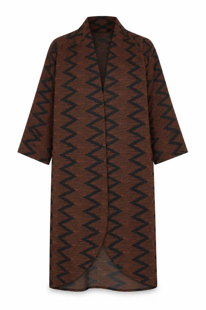 Front view of Boohoo women’s brown geometric overcoat coat, size L