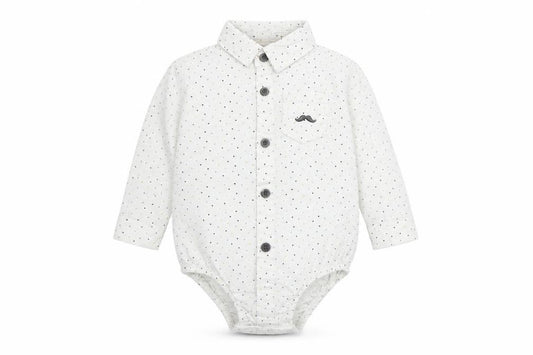Front view of Little Gent Baby White Polka Dot Babygrow One-Piece, size 3-6, Months