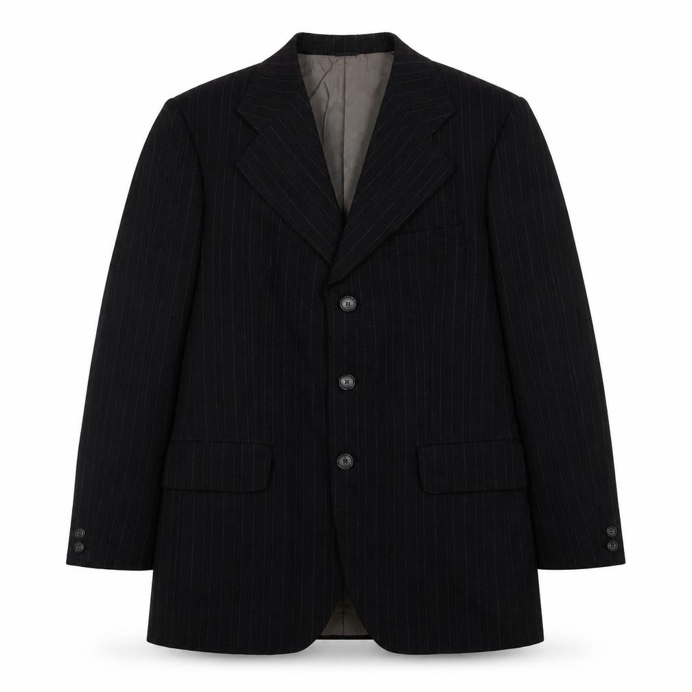 Front view of FRAME men’s black striped jacket blazer, size 42