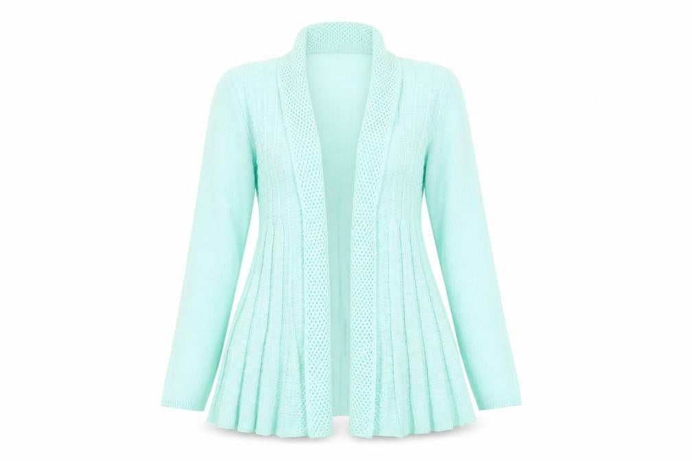 Front view of Damart women’s blue cardigan jumper, size UK 12
