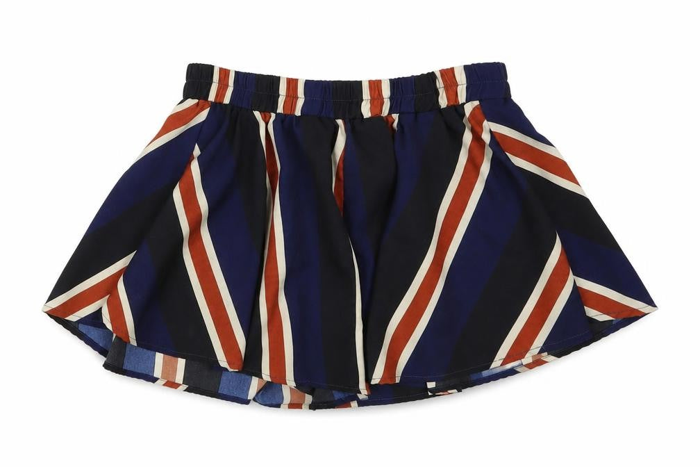 Front view of PRETTYLITTLETHING women’s blue striped hot pants shorts, size UK 6