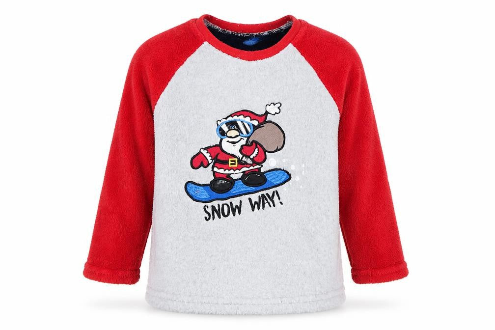 Front view of Primark boys’ red colourblock pyjama top, size 3-4, years - snow way