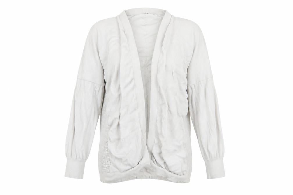 Front view of Tu women’s grey knit cardigan jumper, size UK 12