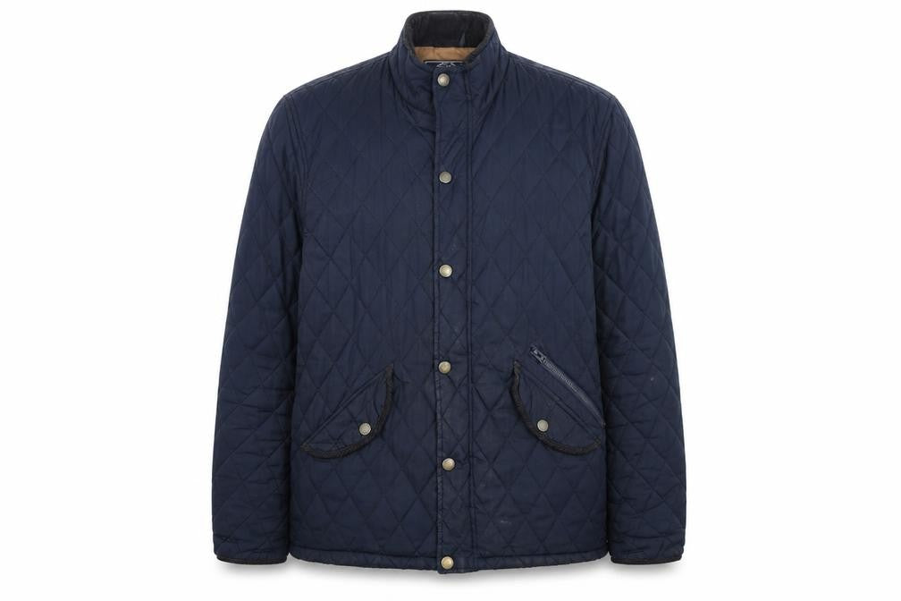 Front view of Easy women’s blue argyle/diamond pea coat coat, size M