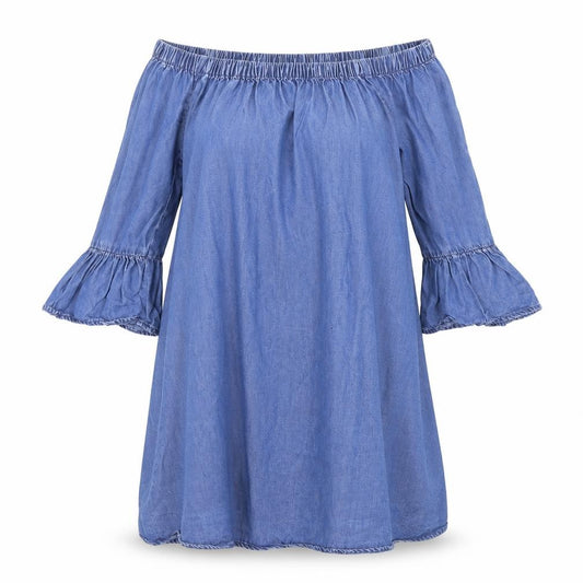 Front view of New Look women’s blue denim a-line, size UK 8