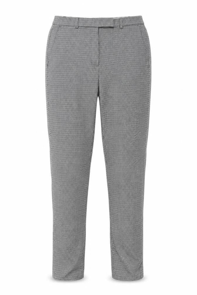 Front view of Marks & Spencer women’s green houndstooth trousers, size UK 12, 25-inch leg