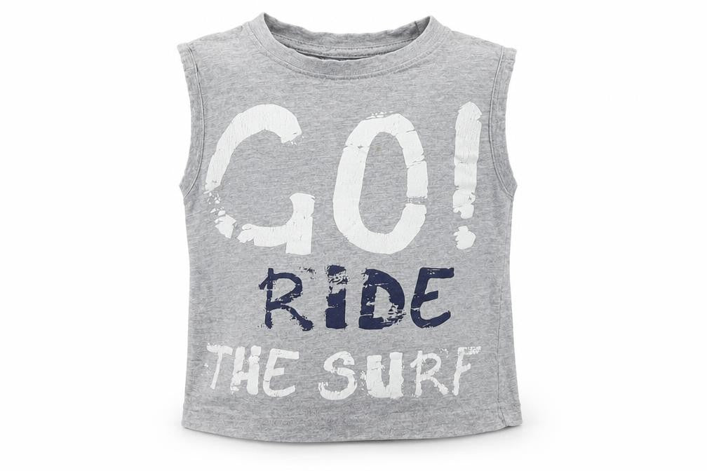 Front view of Matalan boys’ grey jersey basic tank, size 3, years - ride the surf