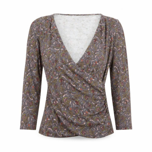 Front view of Laura Ashely women’s multicoloured floral wrap t-shirt, size UK 8